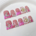Handmade Press on Nails Duck Medium Fake Nails Pink French Tip Acrylic False Nails with 3D Flower and Rhinestone Butterfly Design Duck Nails Press ons Luxury Full Cover Stick on Nail for Women (M)