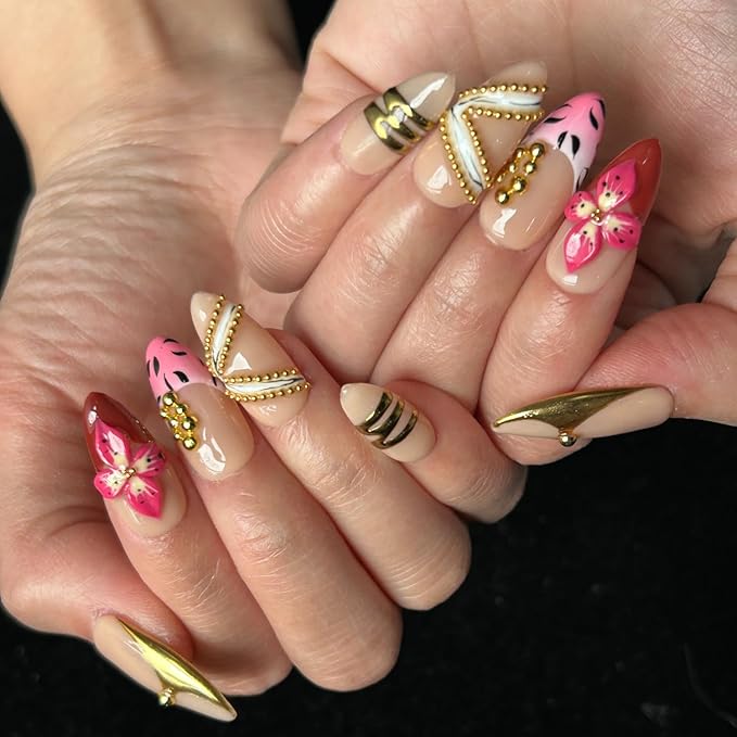 Press On Nails Medium Almond Shape - 3D Handmade Acrylic Gel Fake Nails with Glitter Designs, Reusable Thick Almond Nails for Women DIY Manicure Kit (10PCS, L Size, Easy Application)