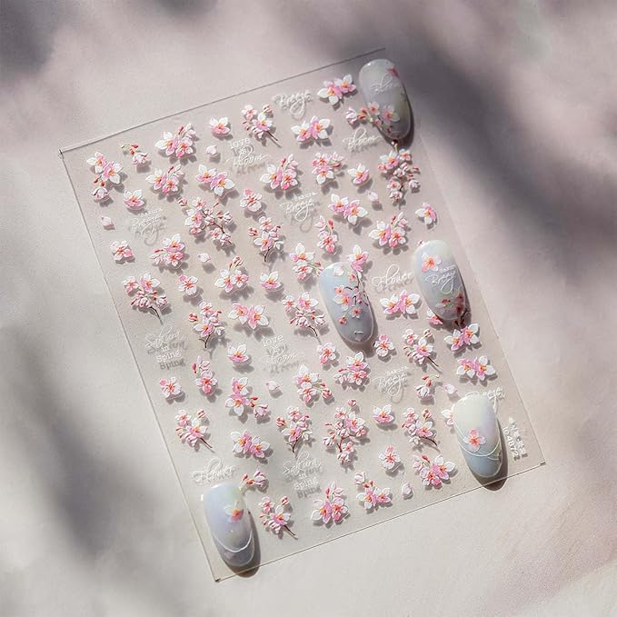 5D Embossed Flower Nail Art Stickers Cherry Blossoms Nails Decals White Pink Sakura Floral Nail Stickers Spring Summer Nails Design Flower Supplies for Women DIY Manicure Decoration Accessories 1Pcs