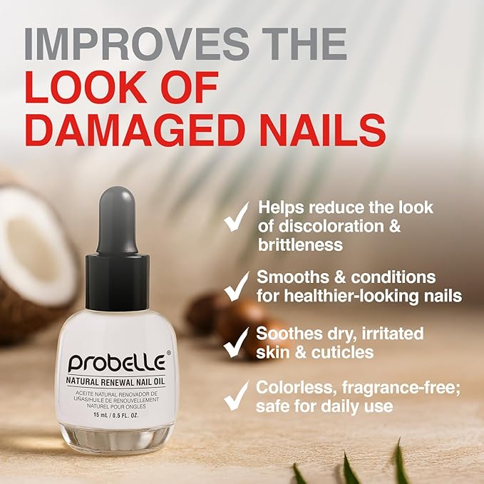 Probelle Natural Renewal Nail Oil, Nail Color Restoration, Clear Topical Solution, Restores Appearance of Discolored or Damaged Nails, .5 oz/ 15 ml