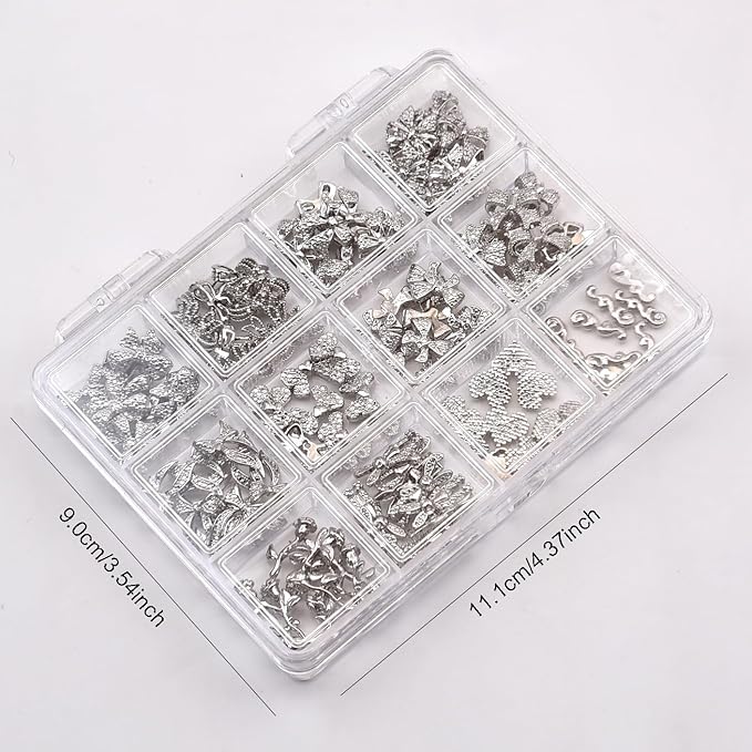 120pcs 12 Styles Black Metal Nail Charms Nail Bows Crushed Rabbit 3D Heart Rose Flower Studs Y2k Alloy Nail Decoration Rhinestone Jewelry for Acrylic Nails Art Kit Accessories Supplies