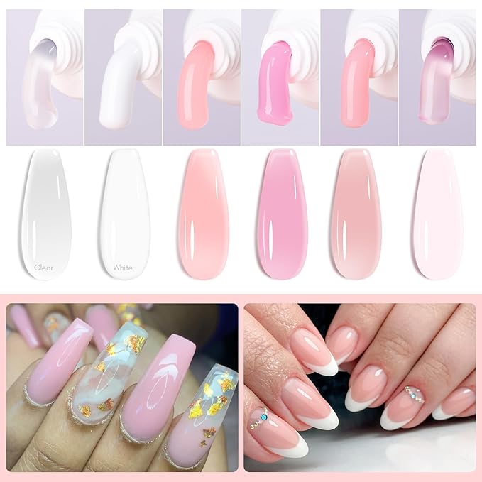 Makartt Poly Nail Gel Kit, 6 Pcs Clear Pink White Colors Builder for Extension Set, Long Lasting Hard Gel for Nails Strengther, All in One Nail Thickening Solution Kit Salon Home French Manicure