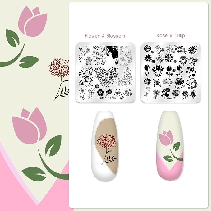 Biutee Nail Stamper Kit 16Pcs Nail Art Stamping Plate 8 Colors Stamp Polish Gel Silicone Stamper Scraper with Storage Bag, Nail Stamp Plates Love Flower Butterfly Leaf Template Holiday Design Gift