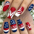 Independence Day Press on Nails Medium Coffin Fake Nails with Elk Design Red Blue Striped False Nails Star Christmas Glue on Nail Glossy Summer 4th of July Stick on Nail for Women Manicure 24Pcs