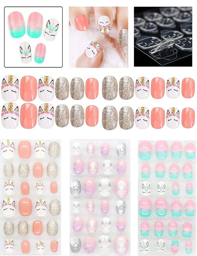 Rain Bingo 72 Pieces False Nails Press on Nails for Kids- Unicorn Short Fake Artificial Full Cover Nail Art Kits Transation with Nail Glue Tabs for Girls Children
