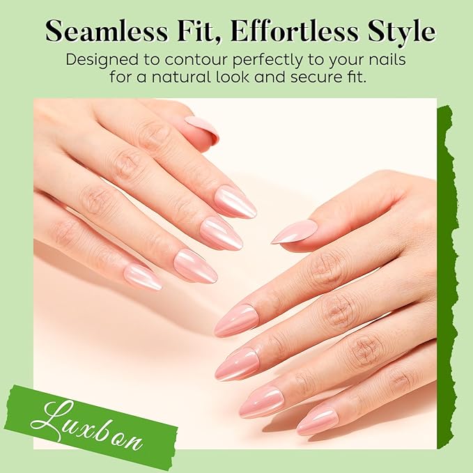 Luxbon Press On Nails Short with No-Cure Nail Glue and Tool Kit – Almond Stick On Nails Cat Eye Soft Gel Tips 25-30pcs Full Size Set, Reusable Fake Nails for Women, Salon Look at Home, Light Pink