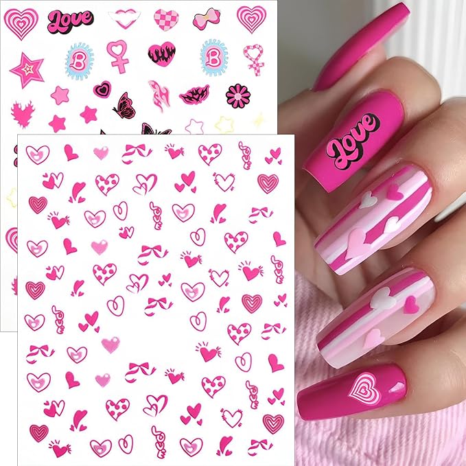 winthrop 8 Sheets Valentine's Day Nail Art Stickers, Charming Heart Lips High Heels 3D Trendy Design Self-Adhesive Pink Nail Art Decals, DIY Manicure Decoration Supplies Accessories for Women Girls
