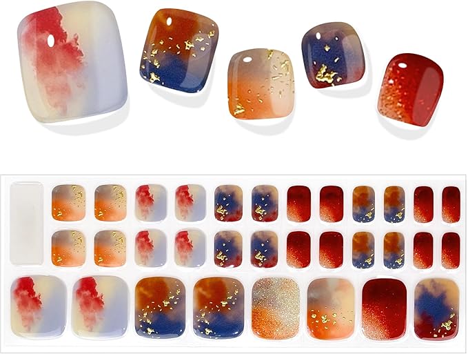 SILPECWEE Semi Cured Gel Nail Strips for Toes (Restful Sunset Glow - 32PCS), UV Light Required | Salon Quality | Long Lasting Toe Nail Stickers Gel Nails Wraps for Women Girl Manicure