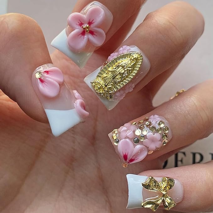 Luxury Press on Nails Short Duck Handmade 3D Unique Reusable ABS Material Fake Nails White French Tip False Nails with Designs Pink Flower Rhinestones Glossy Glue on Nail Thick Acrylic Nail(M)