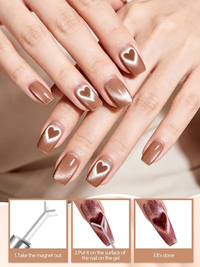EBANKU 6 in 1 Cat Eye Nail Magnet Tool Set, 6PCS Heart Magnet with Y-Shaped Guide for Cat Eye Gel Polish, Magnetic Nail Art Tool for French Stunning Cat Eye Effect, DIY Manicure Kit