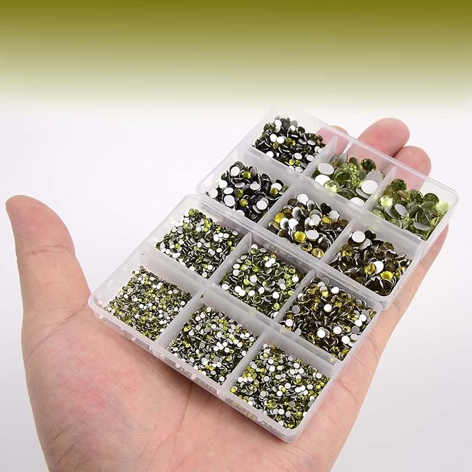 NCB 8000pcs Non Hotfix Rhinestones 10 Sizes Flatback Crystal Glass Rhinestones with Tweezers and Picking Pen for Nail Art Clothes Bags Phone Decorations Crafts DIY (008 Olivine Mix SS3-SS30)