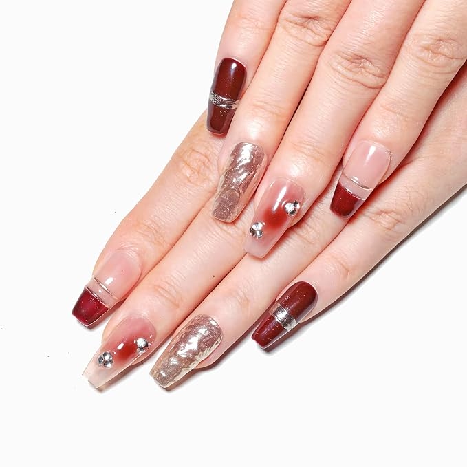 Sun&Beam Nails Handmade Press-on Medium Long Coffin Ballerina Red Nude Gold Gradation Design False Nail Tips 10 Pcs (#043 L)