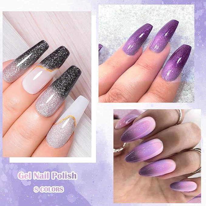 MEET ACROSS 12PCS Color Changing Gel Nail Polish Set Glitter Brown Gray Purple Gel Polish Set Fall Winter Mood Temperature Change Nail Polish UV/LED Nail Art Gifts 8 Colors