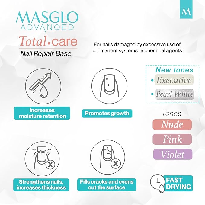 MASGLO Advanced Total Care Nail Strengthener – Post Gel Damage Recovery Treatment, 13-Free Vegan Fast-Dry Thickening Repair with Tea Tree Oil & Vitamins, Base Coat, Nacre White Tone & Shine (3in1)