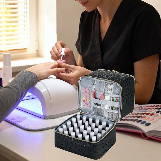 Upgraded Nail Polish Organizer Case - Holds 30 Bottles and 1 Nail Light, Double-layer Nail Bag Organzier Case Nail Polish Storage Bag with Handles (Black-HX)