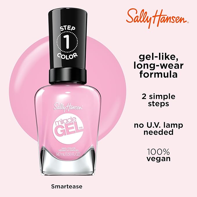 Sally Hansen Miracle Gel Salon Quality Nail Polish | Gel-Like Formula, Two-Step System, No UV Light Needed, Long Lasting | Opaque, Glossy | 239 Smartease | Baby Pink Nail Color