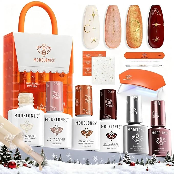 modelones Gel Nail Polish Kit with UV Light, Milky White Burgundy Red Nude Glitter Gold Winter Christmas Metallic Manicure Set with Base Top Coat Star Stickers 4 Colors Gel Mini Salon Nail Art Gift