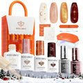 modelones Gel Nail Polish Kit with UV Light, Milky White Burgundy Red Nude Glitter Gold Winter Christmas Metallic Manicure Set with Base Top Coat Star Stickers 4 Colors Gel Mini Salon Nail Art Gift