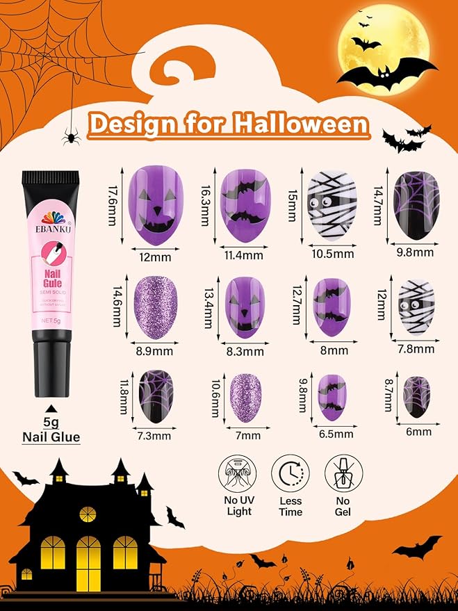EBANKU Halloween Kid Press on Nails, 72Pcs Almond Fake Nails Kit Full Cover Bat Pumpkin Wed Design Stick on Nail with Nail Glue for Girl