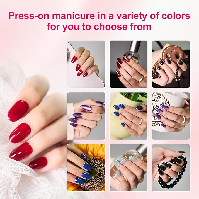 Blue Press On Nails Almond, Medium Light Blue Fake Nails with Nail Glue, Natural Soft Gel Nail Kit, Natural Reusable Glue On Nails in 15 Sizes 30 Fake Nails Kit