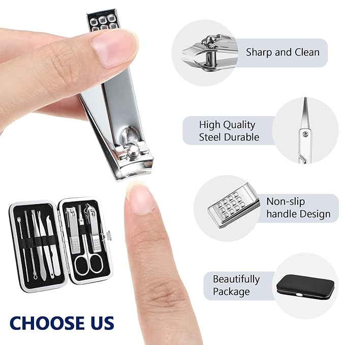 Geosar 12 Sets Manicure Set Nail Clippers Pedicure Kit 8 in 1 Grooming Stainless Steel Kits Nail Care Tools with Travel Case for Employee Coworker Teachers Nurse Gifts(Black)