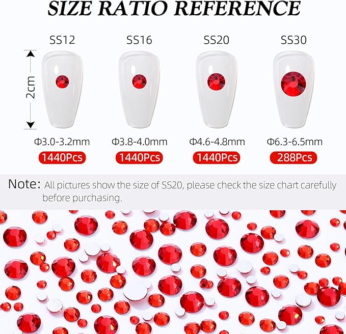 Light Siam Flatback Rhinestones, Glass Rhinestones for Nail Art and Craft, Glue Fix, Loose Crystal Gemstones(Red, SS12, 1440pcs, 2.9-3.0mm)