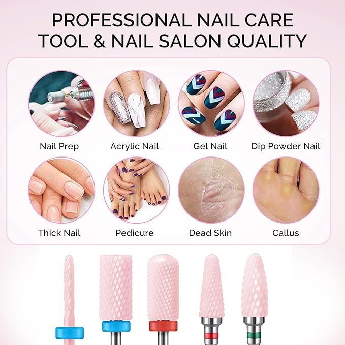 MelodySusie Ceramic Nail Drill Bits Set, 3/32'' (2.35mm) Professional Acrylic Nail File Drill Bit for Manicure Pedicure Cuticle Gel Nail Polishing, 5Pcs, Pink