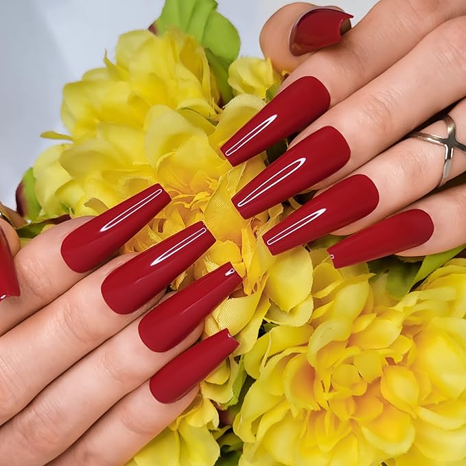Hypnaughty 24 Pcs Passion Red Gloss Extra Long Press On Nails and Glue XL Reusable Solid Color Crimson Red False Nails (Passion)