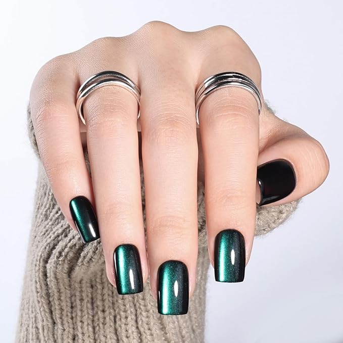 Cat Eye Press On Nails - Short Square Deep Green Nails Press Ons for Women DIY Glossy Fake Nails Kit with Glue, Reusable Soft Gel Glue on Nails Short in 16 Sizes - 32pcs, Emerald Mirage