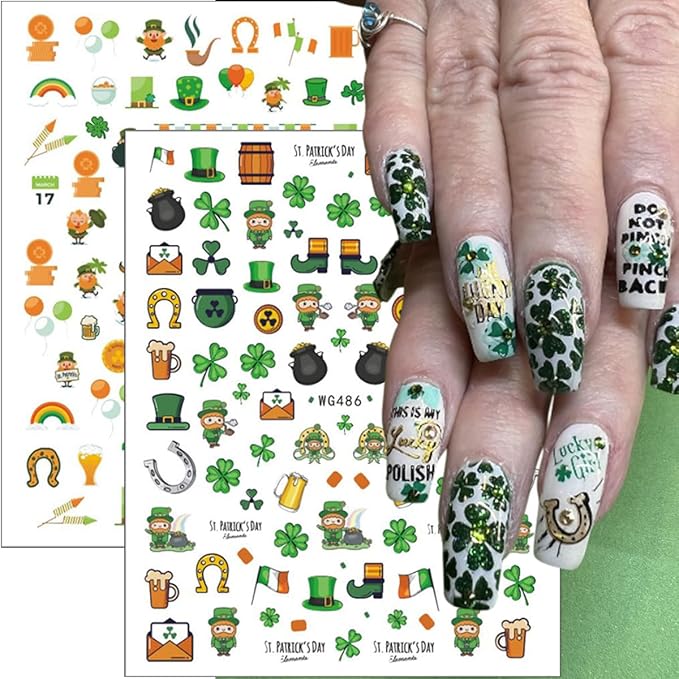 6Pcs St. Patrick's Day Nail Art Stickers 3D Self Adhesive Spring Four Leaf Clover Nail Decals Lucky Shamrock Nail Stickers St. Patrick's Day Hat Letter Design Irish Nail Supplies Accessories for Women