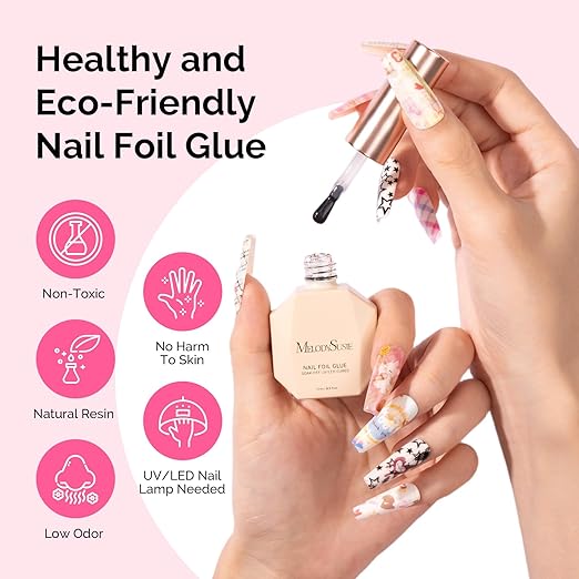 MelodySusie Nail Foil Glue Gel, 15ML Soak Off LED/LUV Foil Transfer Adhesive for Nail Art, Professional Strong Sticky Base for Nail Foils & Stickers, Need Cure with Nail Lamp