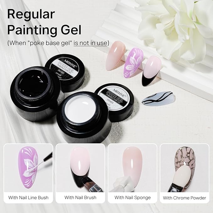 MIZHSE White and Black Poke Gel Nail Polish, with Professional Poke Foundation Gel and Brush Tool, Multifunctional Drawing Painting Nails Art Design Lace Letters Wave Flower Manicure DIY Home