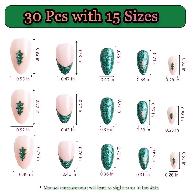 30pcs Shining Green Short Almond Press On Nails with Tree and French Tips for Themed Costumes, Reusable Nail Kit with Nail Adhesive Tabs Mini Nail File, 15 Sizes (Green)