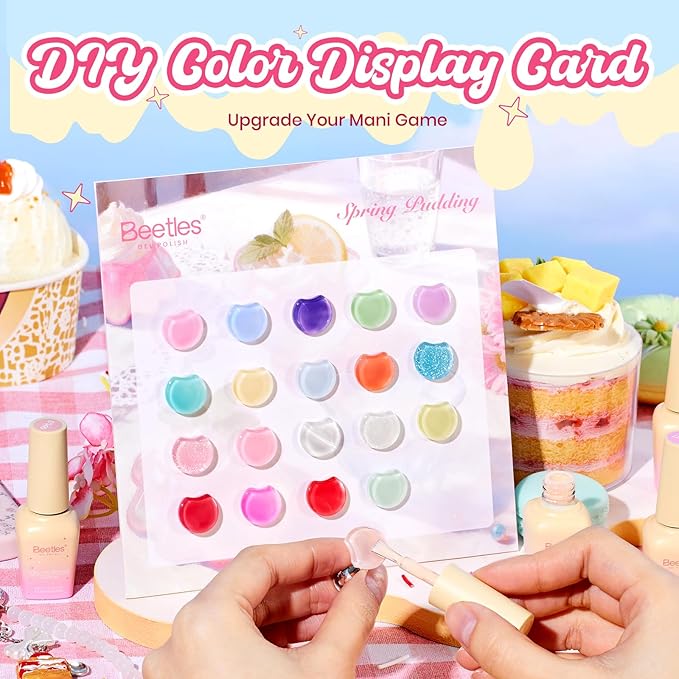 Beetles Spring Pudding Jelly Gel Nail Polish Set - 28PCS 20 Colors Jelly Pink Purple Red Blue Green Glitter Silver Cat Eye Base Glossy Matte Top Coat French Nails Gift Manicure for Women