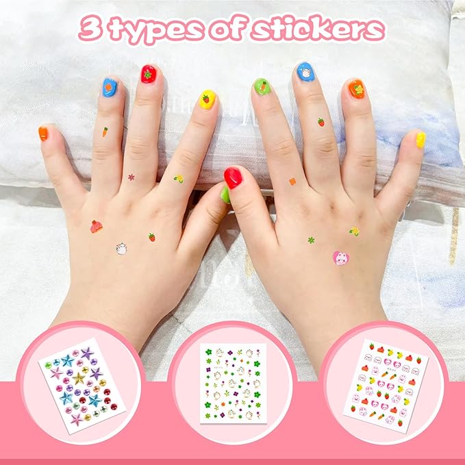 wakaniya Kids Nail Polish Set for Girls, Non Toxic Low Odor Water Base Nail Polish with Stickers, 12 Rainbow Colors Quick Drying Peel off Nail Varnish Kit for Kids Toddlers 3+