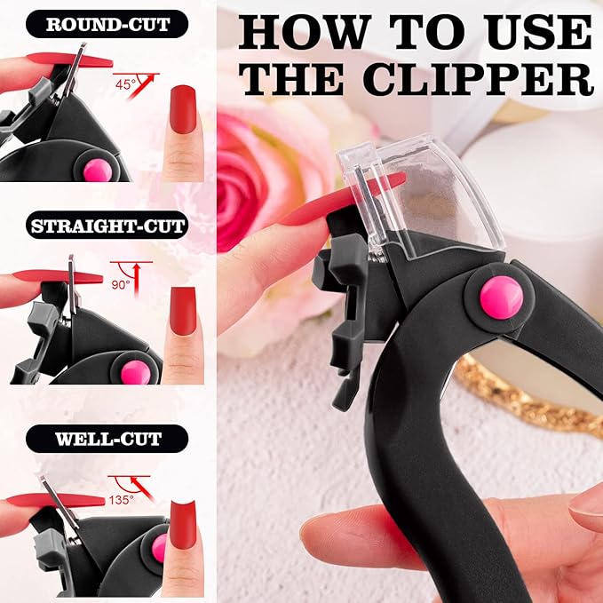 Belleboost Adjustable Acrylic Nail Clippers with Sizer, Catcher and Length Measurement, Black Professional Dial Stainless Steel Blade Nail Tips Cutter, Fake Nail Trimmer, Manicure Tool for Salon Home