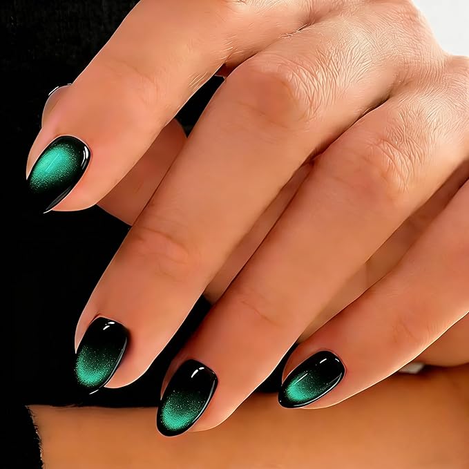 Cat Eye Press on Nails Short, Chrome Press on Nails Oval, Thick Glazed Black Emerald Green Fake Nails Press ons for Women Party Prom, Reusable Glitter Glue On Nails Almond in 15 Sizes, 30 Pcs
