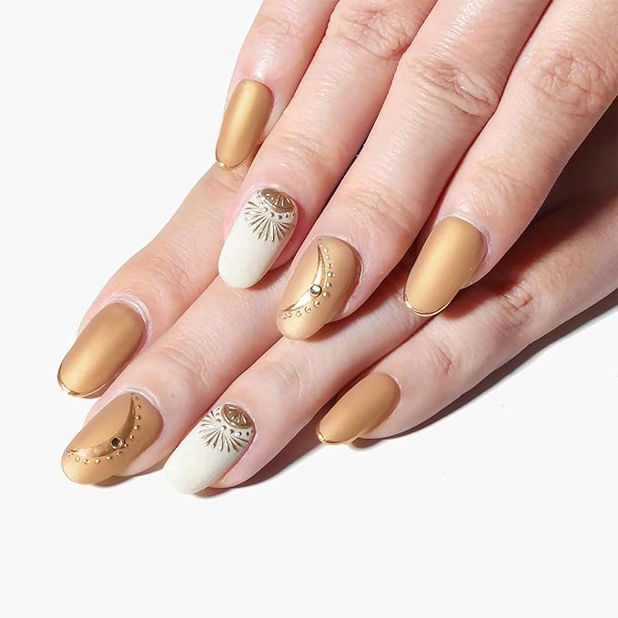 Sun&Beam Nails Handmade Press-on Medium Long Oval Round Beige Brown Gold Bohemia Design False Nail Tips 10 Pcs (#135 S)