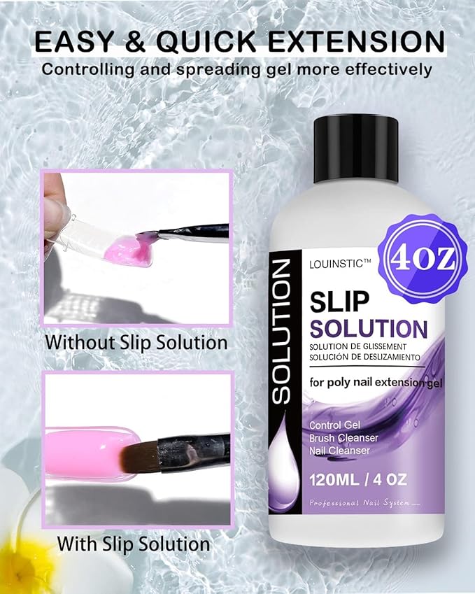 LOUINSTIC Poly Nail Gel Slip Solution - 120ml, 3 in 1 Nail Extension Anti-Stick Liquid, Art Brush Cleanser, for Poly Extension Gel Kit, with Dual-Ended Art Brush