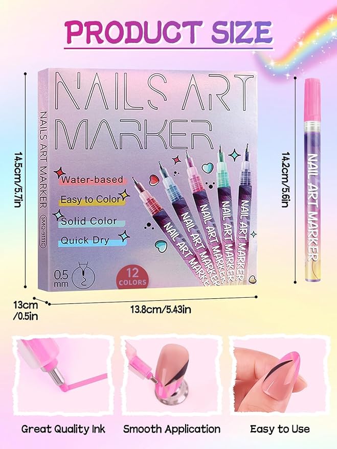 EBANKU 12 Colors Nail Art Pens Kit 0.5MM Ultra-Fine Tip 3D Nail Polish Pens Quick-Dry Acrylic Paint Pens Nail Markers Dotting Tools for Valentine's Heart Nails Home & Salon Manicure