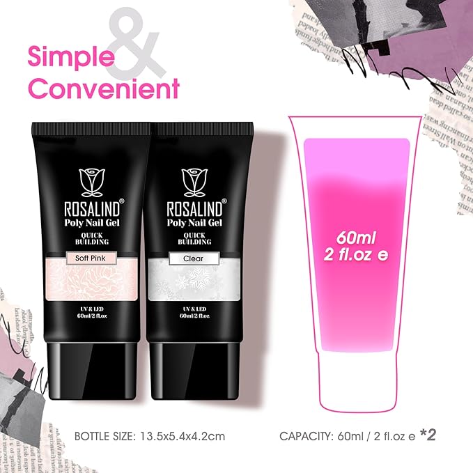 ROSALIND Pink Acrylic Poly Extension Gel, 2 PCS 2oz/60ml Poly Nail Gel kit for Clear Nail Art Decoration, Builder Clear Gel Thickening Tube Easy to DIY Use Need UV Lamp