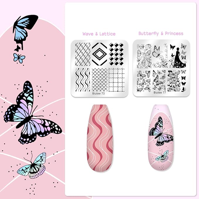 Biutee Nail Stamping Kit 12Pcs Nail Art Stamp Plates 8 Colors Stamping Polish Gel Silicone Stamper Scraper with Storage Bag, Nail Stamping Plate Lace Star Rose Plaid TemplateHoliday Design Gift