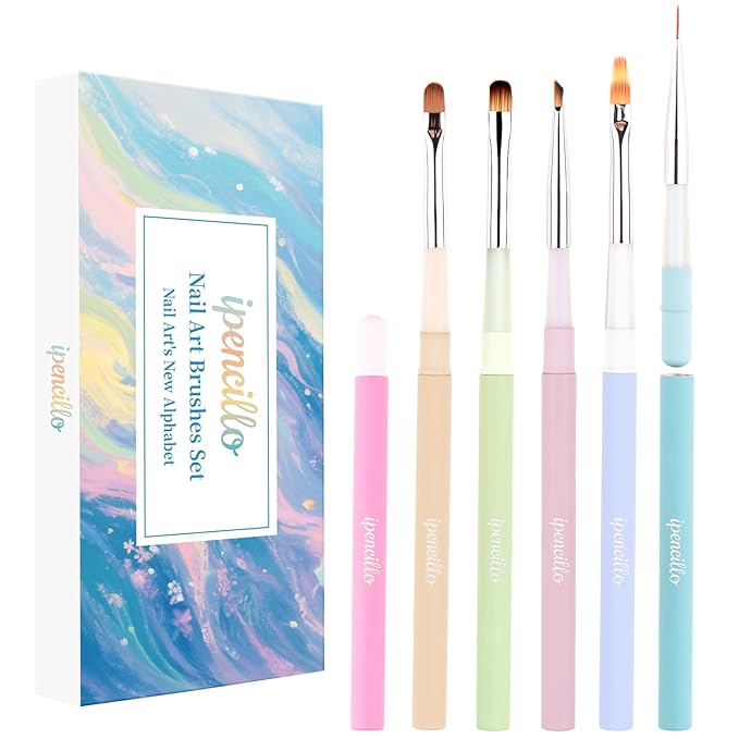 Nail Art Brushes Set, 6 Pcs Nail Brushes for Nail Art Design, Nail Art Brushes with Cap, Nail Art Tools for Gel Polish, Metal Handle with Non-Slip Coating, Macaron Color, DIY Salon Use