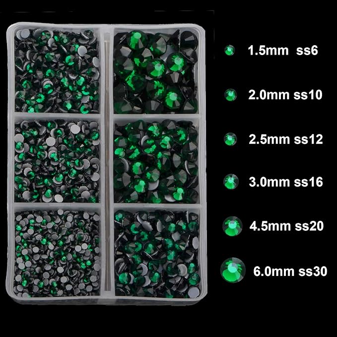4000pcs Mixed Size Hot Fix Round Crystals Gems Glass Stones Hotfix Flat Back Rhinestones (Emerald)