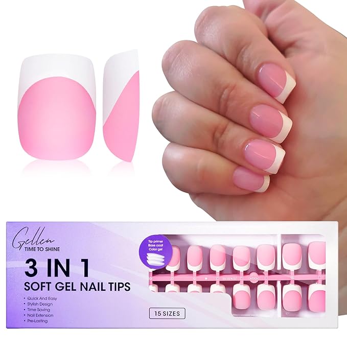Gellen French Tip Press on Nails - 150 pcs Pink Square Short Press on Nails Soft Gel Nail Tips, 3 in 1 Pre-french French Tips 15 Sizes Fake Nails, No Need to File Full Cover Tips, No Nail Glue