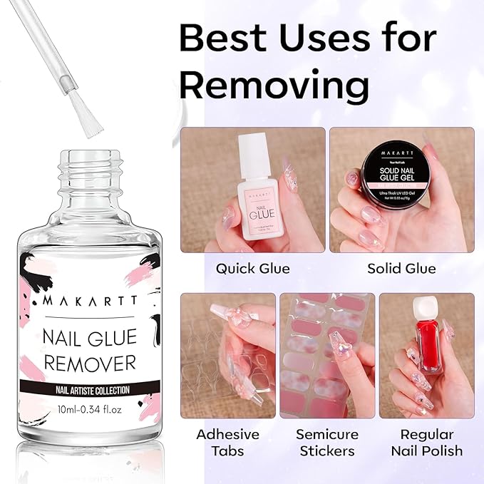 Makartt Press On Nail Glue Remover 10ML Fast and Easy Removal Debonder with 2 Dropper Applicators, 2 Wooden Sticks for Quick Glues, Press-On Nail, Solid Glue, Semi-Cured Sticker, Adhesive Tabs