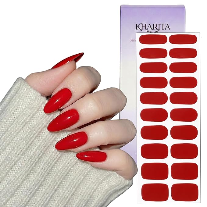 Semi Cured Gel Nail Strips – Real Gel Nail Polish Wraps for Brittle Nails | Waterproof Long Lasting Easy Peel-Off Removal | Hema-Free | 20-Piece Solid Bright Red Salon Kit with File & Stick
