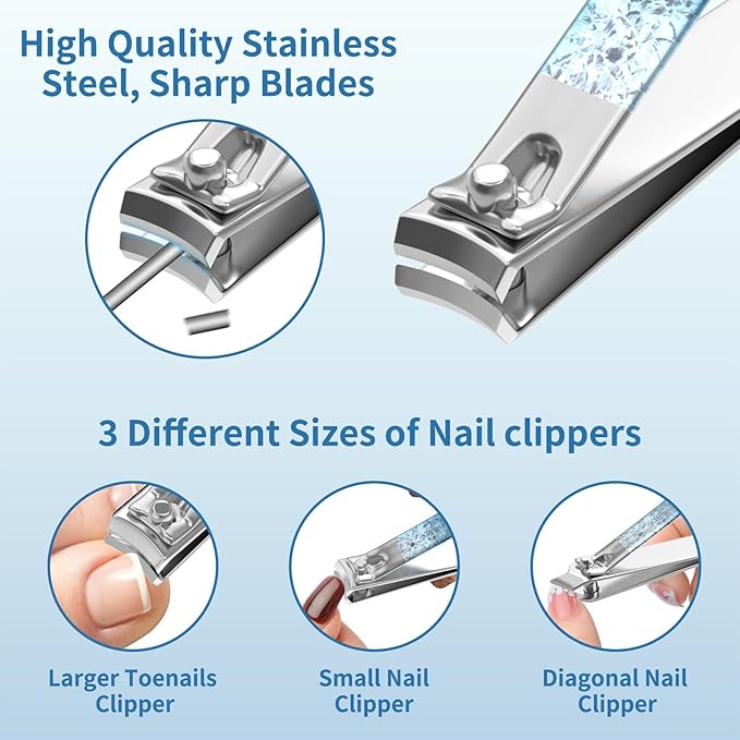 Nail Clippers Set Fingernail and Toenail Clipper Cutters, Professional Manicure Pedicure Kit 18Pcs, Nail Care Grooming Tools with Luxurious Travel Case (Diamond Blue)
