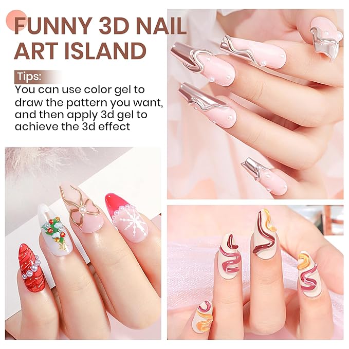 MIZHSE 3D Gel Nail Art, Sculpting Gel Glue 15g for Molding, Drawing, Charms & Gems, Chrome Powder, Rhinestone Design, Clear No Wipe Nail Polish for DIY Winter Christmas Nail Art, Lamp Curing Needed