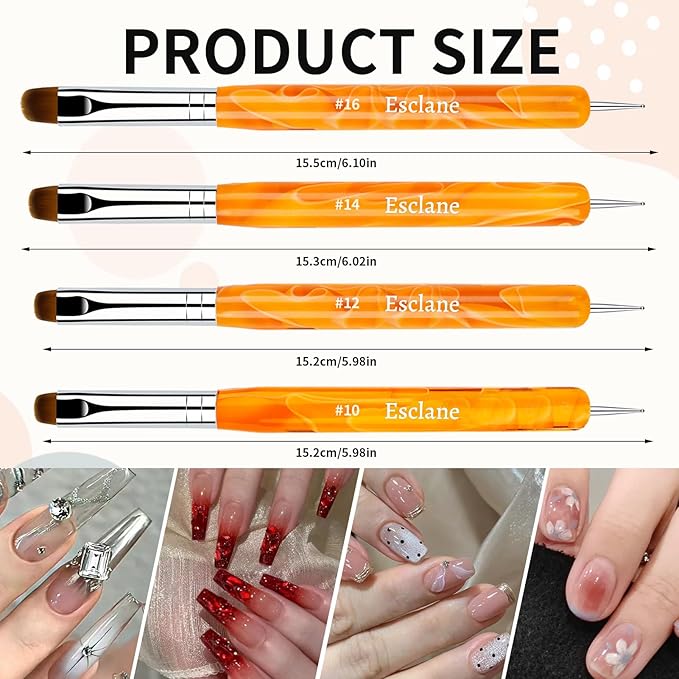 French Manicure Brush, Esclane 2 Way French Nail Brush with Dotting Tool for Manicure Cuticle Clean Up Nail Art Design, French Tip Brush (Orange, #12)